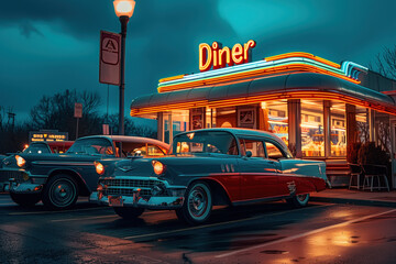 Retro diner and classic cars scene - obrazy, fototapety, plakaty