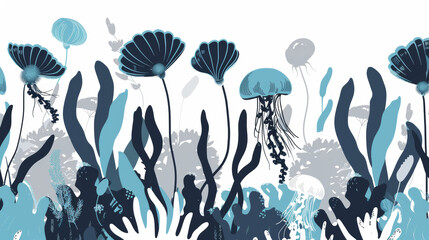 Fototapeta na wymiar Minimalistic abstract with flat sea flowers, corals and jellyfish