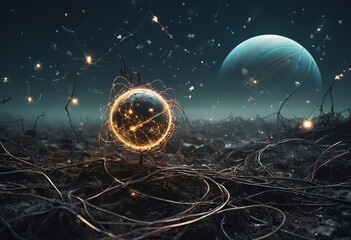 Surreal Universe Depicting a Cosmic Disaster in a Post-Apocalyptic Setting with Eerie Lights - obrazy, fototapety, plakaty