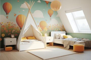 Whimsical and colorful kids bedroom with a teepee bed a floral mural and hot air balloons