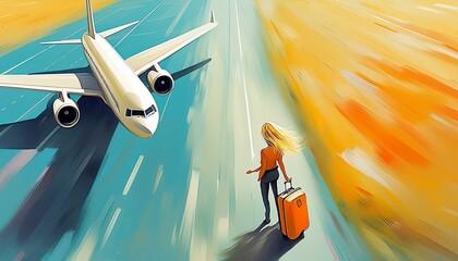 Woman with suitcase on a tarmac and watches a plane take off.