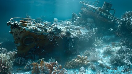 Vibrant coral-encrusted shipwreck provides habitat for marine life ai image - obrazy, fototapety, plakaty