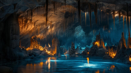 A cave in which stalactites and stalagmites shine