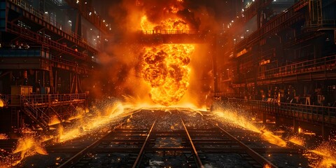 Sparks Flying at Steel Mill: Illustrating Raw Steel Production. Concept Industrial Photography, Steel Manufacturing, Steel Mill, Sparks Flying, Raw Steel Production