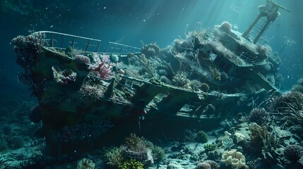 Silent shipwreck adorned with vibrant coral, providing marine habitat ai image