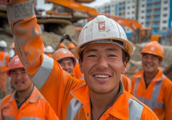 Young Kazakh Workers in High Visibility Gear - obrazy, fototapety, plakaty