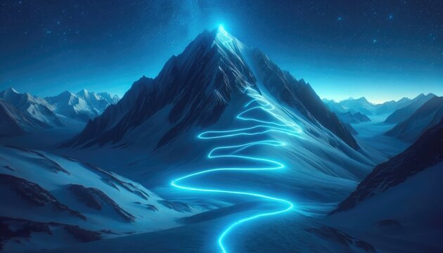 Striking image of a mountain peak with a glowing winding path leading to a flag at the summit, captured at twilight.