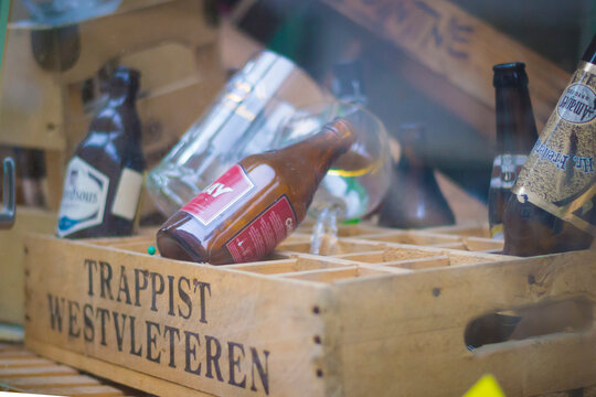 View on crate of Belgian Beers with Trappist Westvleteren, Chimay and Maredsous