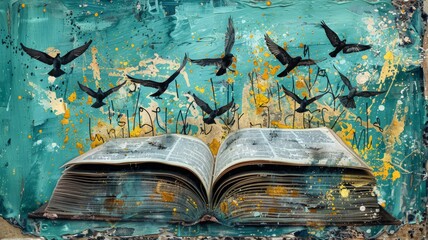 Contemporary Art Collage with Open Book and Pages as Birds

