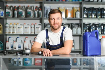 A salesman in an auto parts store. Retail trade of auto parts