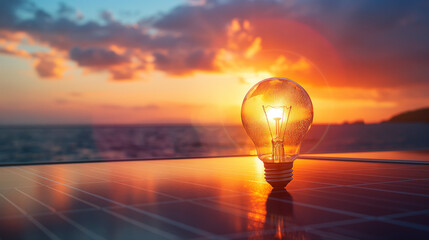 Solar energy panels in light bulb at sunset. The concept of sustainable resources.  - obrazy, fototapety, plakaty