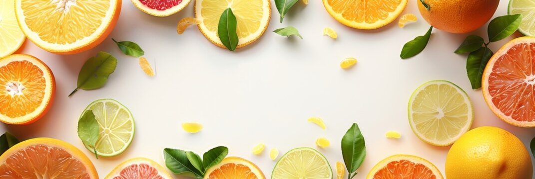 Citrus fruits background with copy space, top view stock photo on white background