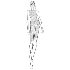 Fashion Illustration on a white background. Woman in outfit from famous designer. Sketch for coloring.	
