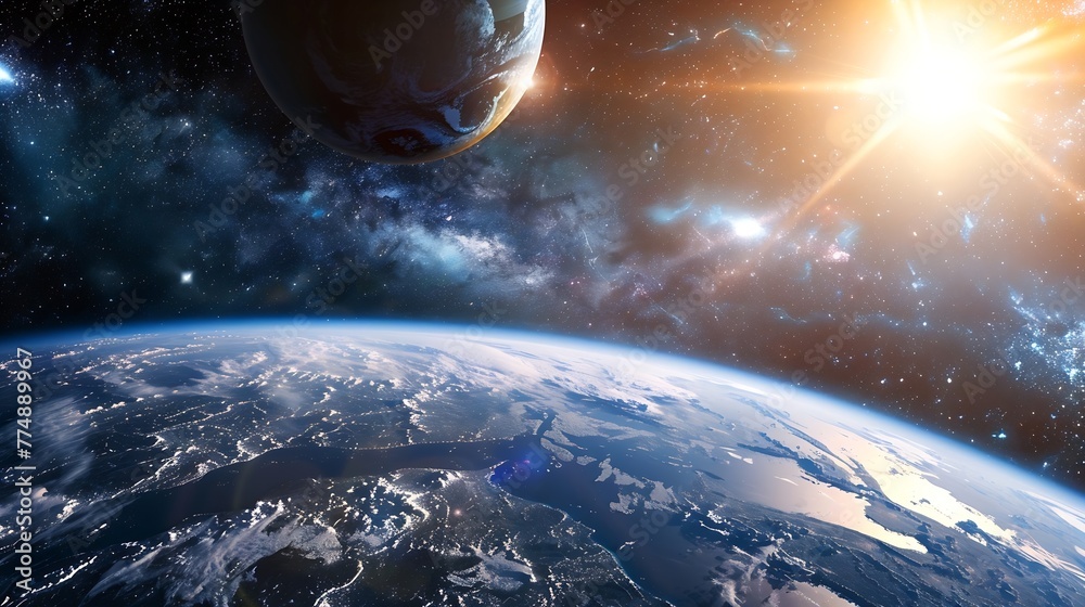 Aufkleber generative ai : panoramic view of the earth, sun, star and galaxy. sunrise over planet earth, view f