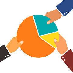 Market share business concept. Competing businessman holding in hand pie chart. Competing. Economic financial share profit vector illustration.