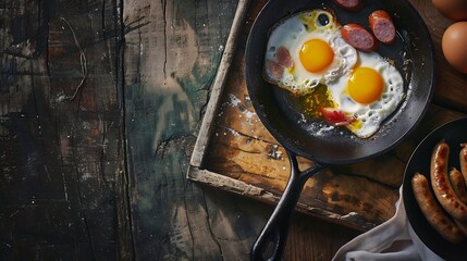 Generative AI : Fried eggs in a small pan with minced pork and sausages serving on wood tray - Flat lay food of Thai Breakfast called Kai Kata