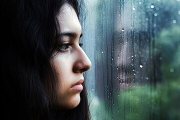 Thoughtful Female Face by Rainy Window, Concept of Loneliness