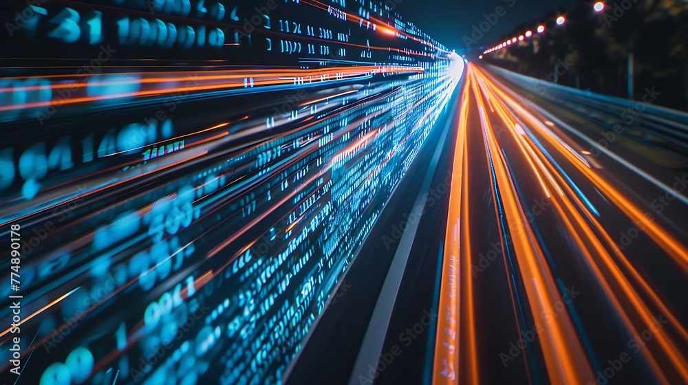 Aufkleber Generative AI : Digital data flow on road with motion blur to create vision of fast speed transfer