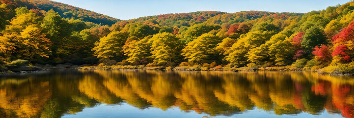 Colorful palette of autumn, focusing on a tranquil lake reflecting the vibrant foliage - 774890137