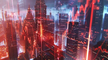 Fototapeta premium Generative AI : The digital indicators and declining graphs of a stock market crash overlap the backdrop of a modernistic city. 