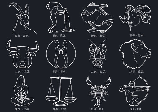 Sternzeichen-Collection neu gestaltet als Set mit wei&szlig;en und und schwarzen Linien plus Zeitspannen - alles auf seoeraten Layern bestens sortiert