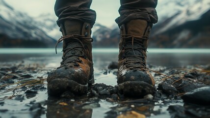 Muddy hiking boots close-up with mountain lake - obrazy, fototapety, plakaty