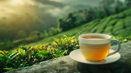  Generative AI : A cup of hot tea on cement with the tea plantation background. Space for text. Close-up photo. Concept of beverage and relaxation. © The Little Hut
