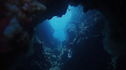 Fototapeta na wymiar Underwater Cavern Exploration, Serene Oceanic Cave Exploration