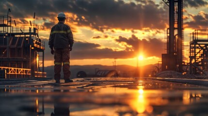 Fototapeta premium Engineer standing on the construction site and looking at the sunrise.
