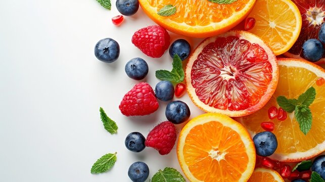 Top view fruit background with copy space on white, photorealistic stock photo with vibrant colors