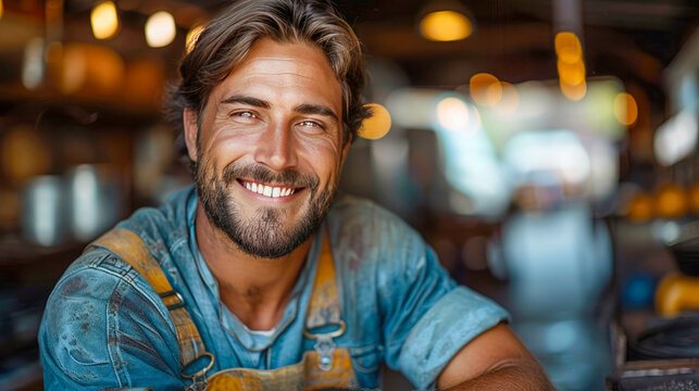 Portrait of smiling mature male worker looking at camera in auto repair shop