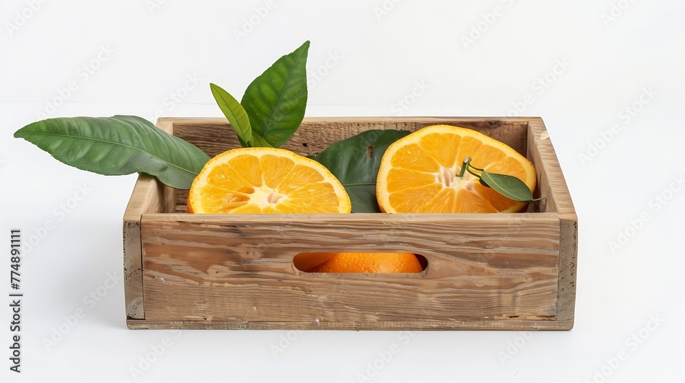 Poster generative ai : orange fruit with half slice and green leaves in wooden box isolated on white backgr