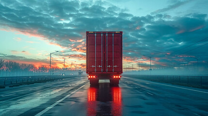 Truck with cargo on the road at sunset. Concept of logistics and transportation