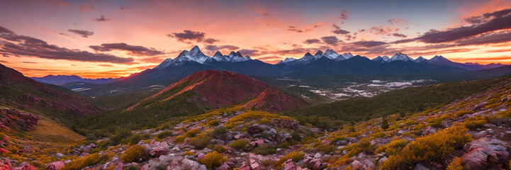 Rugged beauty of a mountain range at golden hour, with the sun setting in the background - 774891191