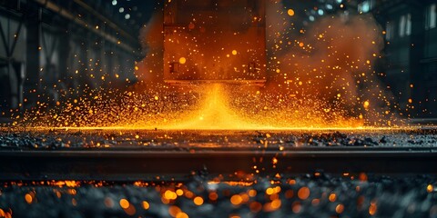 Steel mill with sparks and molten metal illustrating the production of raw steel materials. Concept Steel Production, Sparking Steel Mill, Molten Metal, Raw Materials, Industrial Process - obrazy, fototapety, plakaty