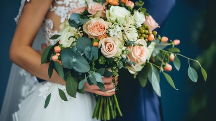 bride holding bouquet of flowers - obrazy, fototapety, plakaty