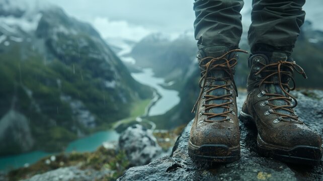 Drenched hiking boots on rocky ledge with river view