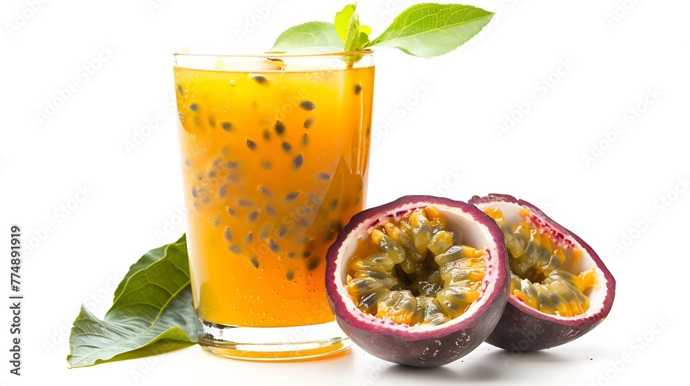 Aufkleber generative ai : closeup glass of passionfruit juice with passion fruit half slice and green leaf iso