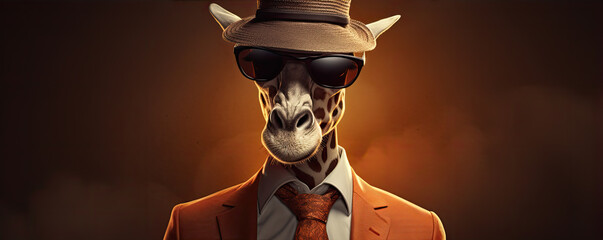 Animal giraffe wearing modern suit, hat, and glasses. - obrazy, fototapety, plakaty