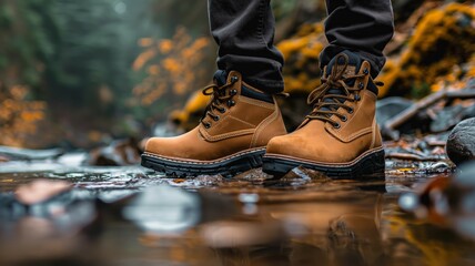 Hiking boots stepping in a stream - obrazy, fototapety, plakaty