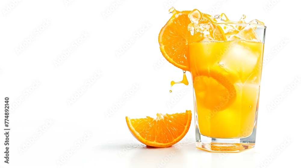 Aufkleber generative ai : glass of 100% orange juice with sacs and sliced fruits isolate on white background.