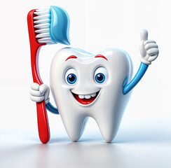 3d illustration render of a cheerful and adorable cartoon tooth character holding a toothbrush and toothpaste, giving a thumbs up on white background