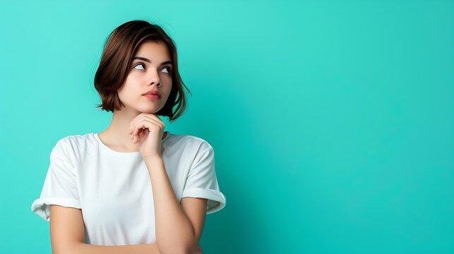 Generative AI : Close up photo of adorable young woman arm touch chin look empty space wear trendy smart casual clothes