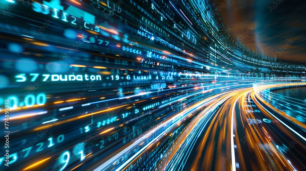 Poster Generative AI : Digital data flow on road with motion blur to create vision of fast speed transfer