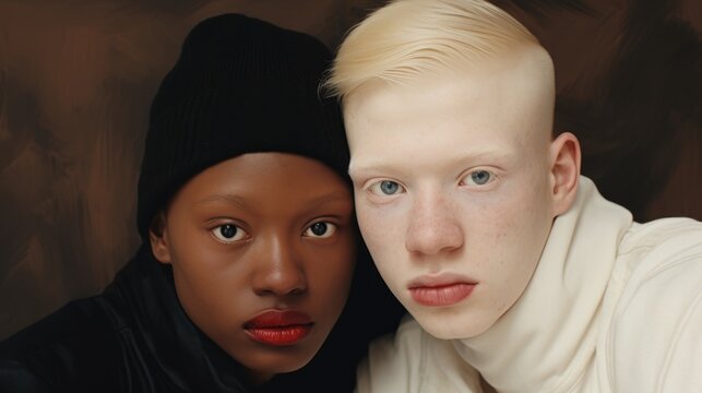 Photo of black woman and albino man posing in studio