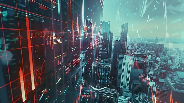 Generative AI : The digital indicators and declining graphs of a stock market crash overlap the backdrop of a modernistic city. 