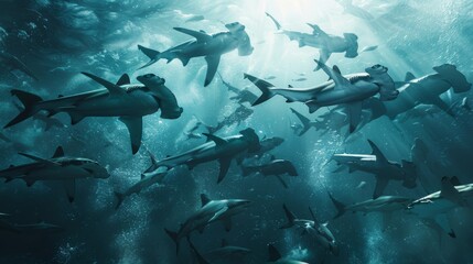 Graceful hammerhead shark school in crystal clear ocean  iconic deep sea beauties - obrazy, fototapety, plakaty