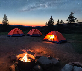 Set up a cozy camping scene with a tent pitched under the starry night sky, illuminated by a warm campfire - 774892579