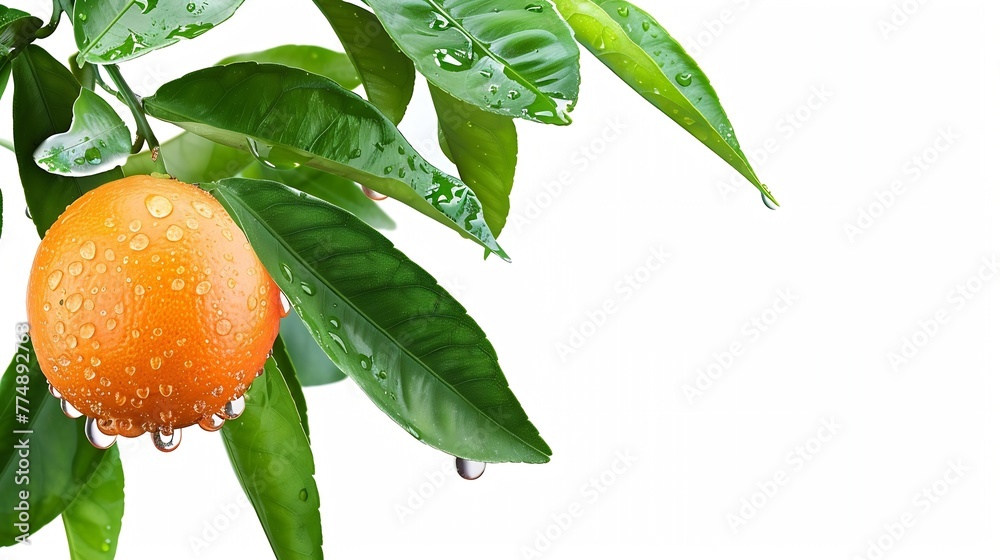 Poster generative ai : fresh orange fruit with water drops hang on tree branch with green leaves isolated o
