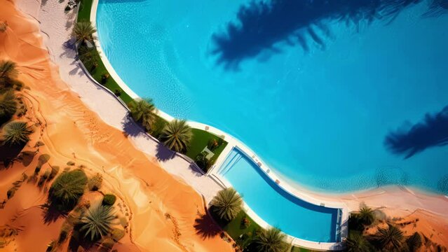 A hyperdetailed drone shot animation of a luxury swimming pool in the desert, sand dunes, mountains, luxury mansion and garden, architecture concept, inspiration